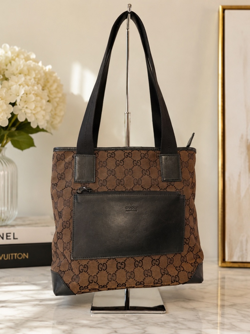 Vintage Gucci GG Monogram Canvas Tote Brown Black Leather Trim